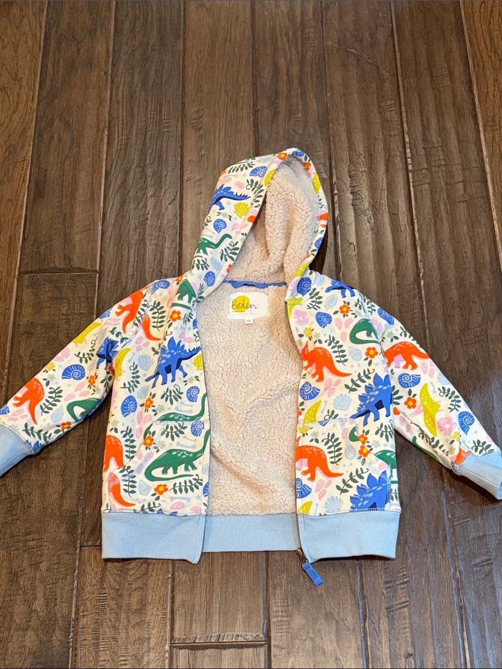 Boden Kids Hooded Dino Jacket in Cream with Multicolor Print